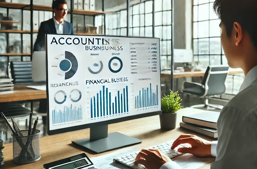 Modern accounting office with a professional accountant working on financial reports and a well-designed business website displayed on a computer screen.